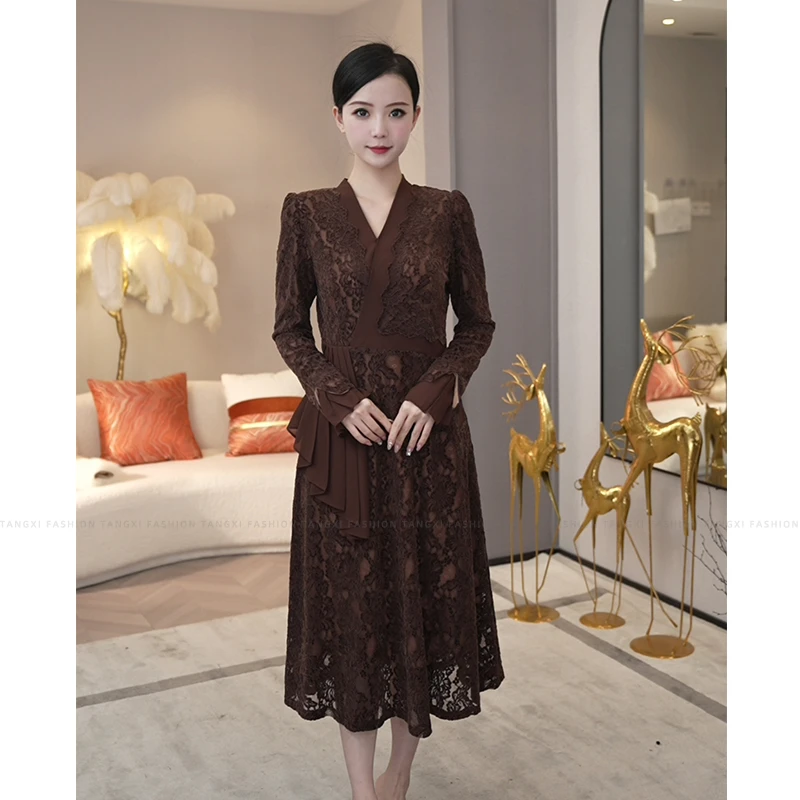 2025年秋冬新款【ZM24-07】气质轻奢拼接小众气质咖色高腰连衣裙子