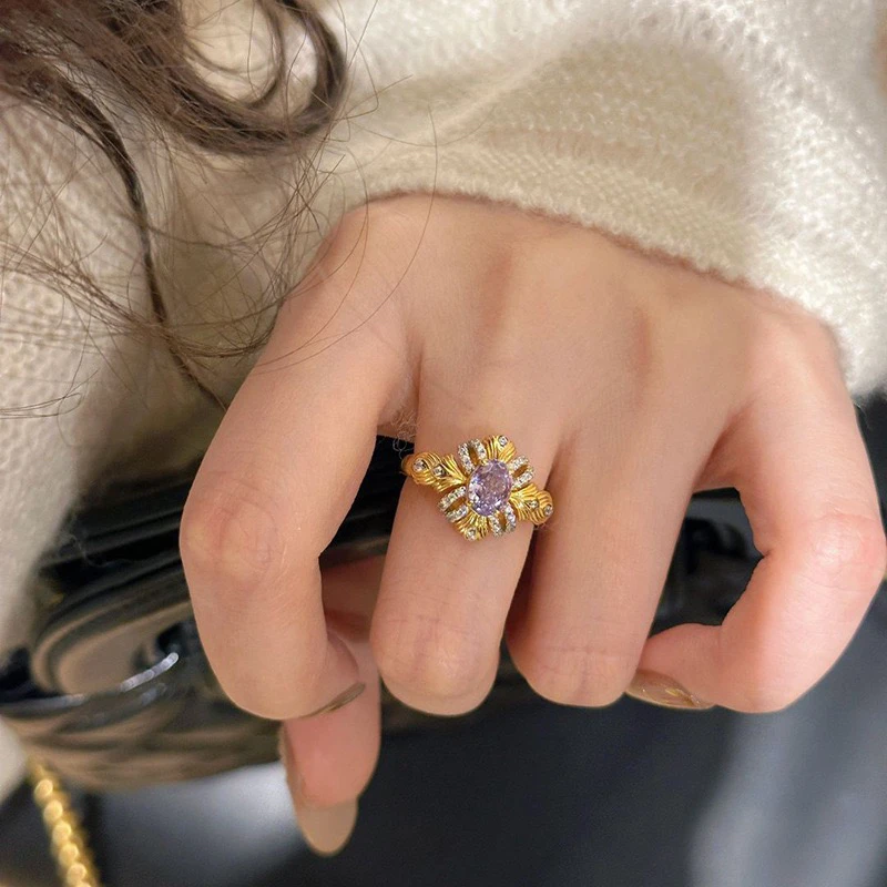 铜合金锆石戒指 紫荆缎带戒指复古高贵优雅紫色锆石指环气质精致