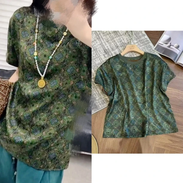 M胸120长60圆领短袖印花衬衫时尚百搭复古碎花上衣 1502