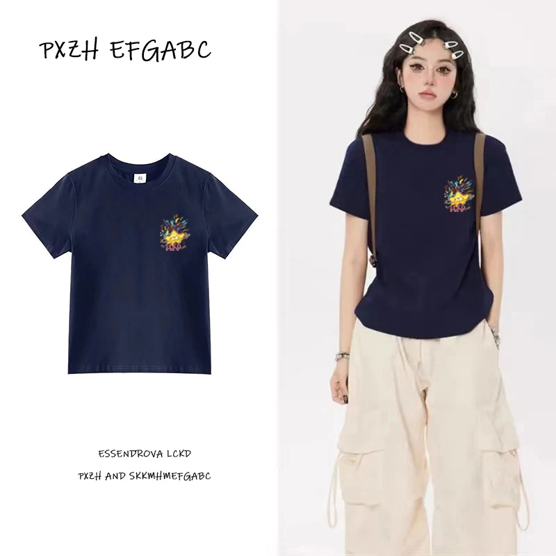 PXZH纯棉辣妹风正肩短袖星星印花修身设计感美式百搭打底衫T恤女