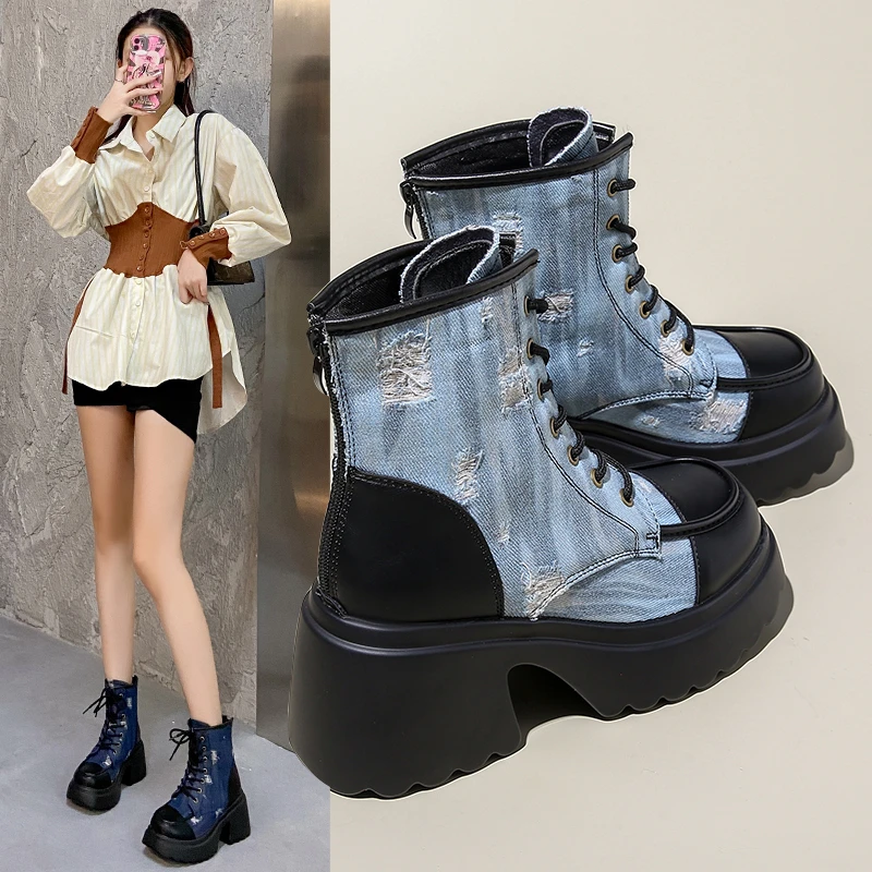 小个子真皮牛仔布马丁靴女内增高厚底短靴2025秋冬新款百搭瘦瘦靴