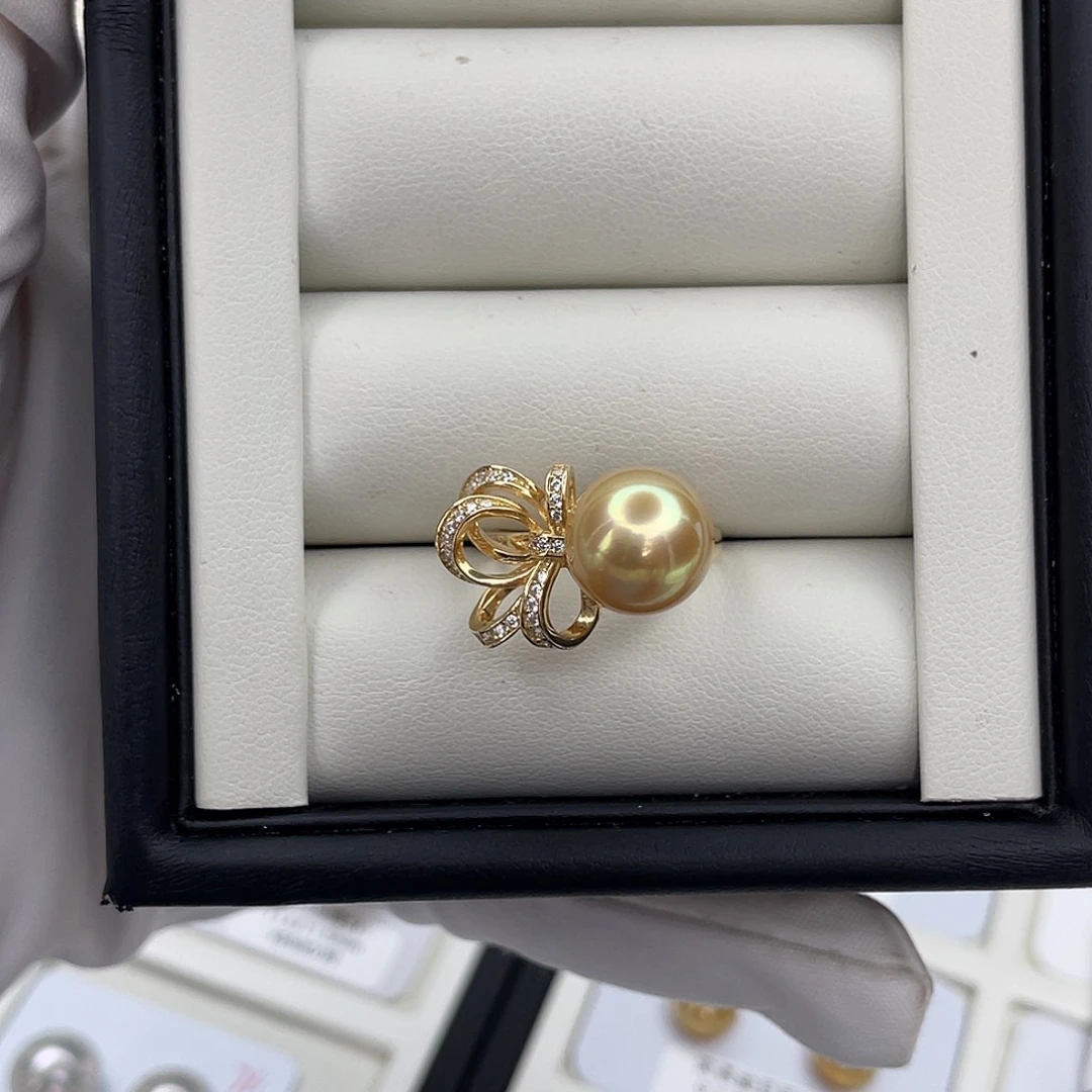 戒指银S925镶嵌海水珍珠浓茶金戒指11mm