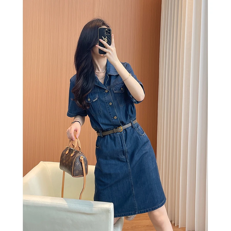 UQS慵懒风夏季连衣裙2025新款纯欲连衣裙收腰显瘦短袖牛仔短裙