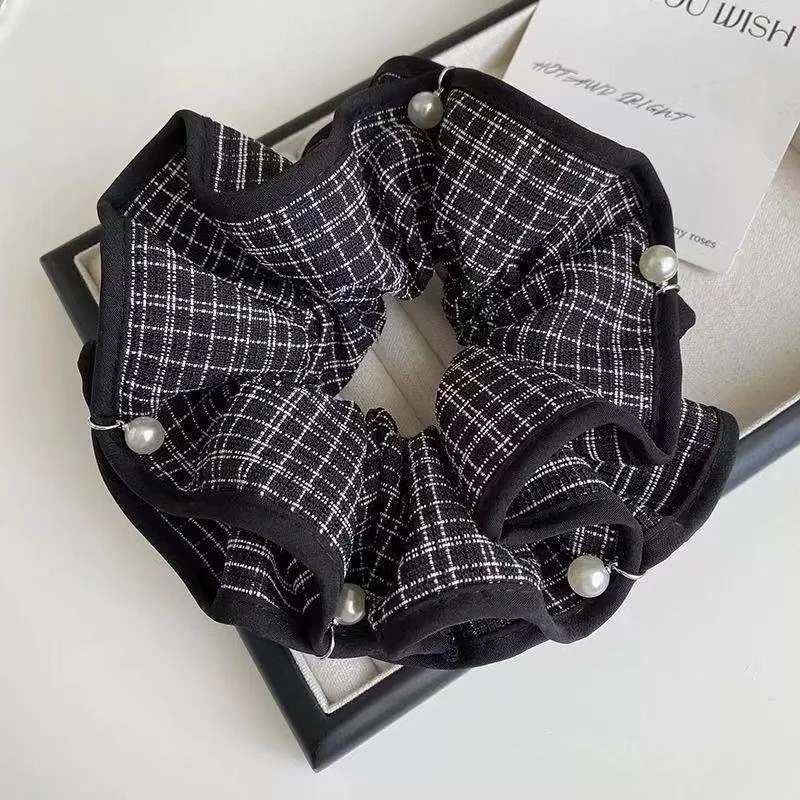 气质布艺格纹珍珠双层学院风发圈简约百搭黑色小香风褶皱花苞发饰