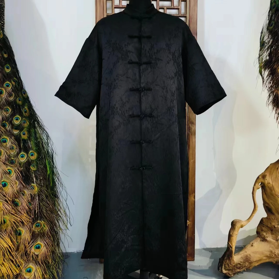 凤徕兮私人定制黑色提花对襟盘扣小立领长款风衣 (SF4203)