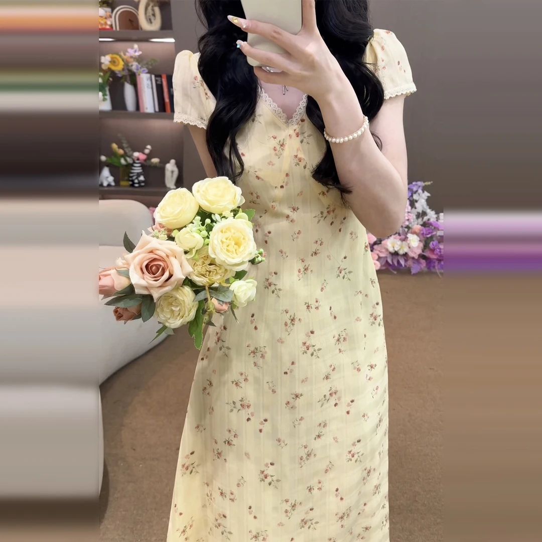 夏日绝美小裙子黄色碎花连衣裙夏季2025新款女漂亮法式长裙4920