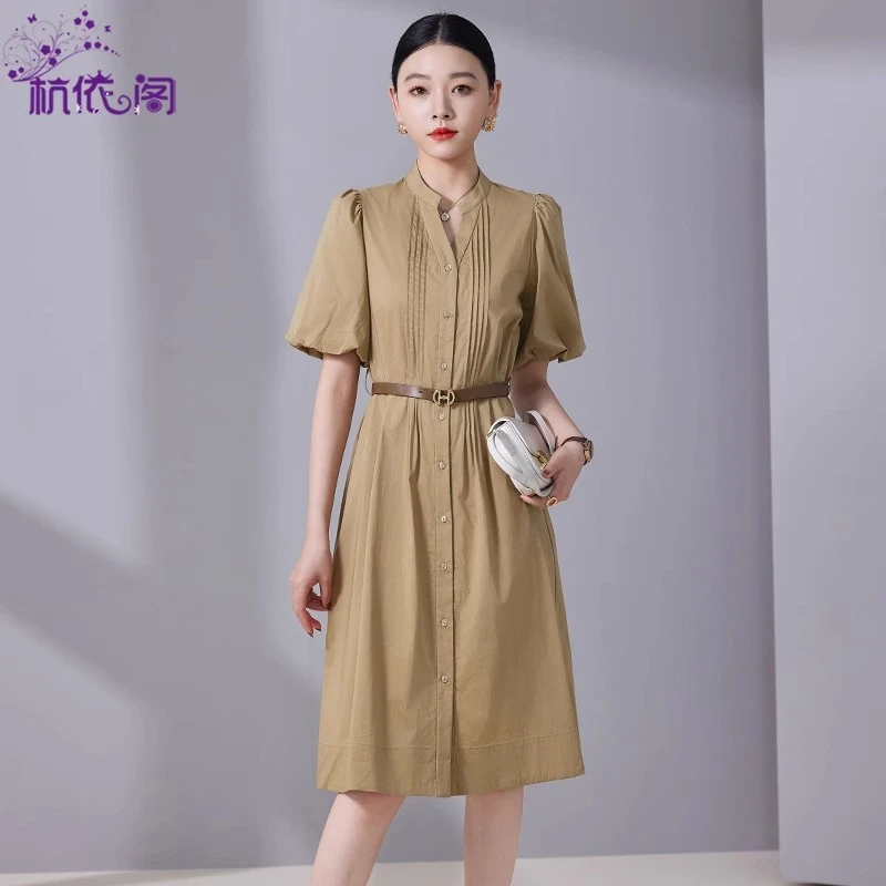 短袖连衣裙女夏季2025新款高级感小个子收腰显瘦气质通勤休闲裙子