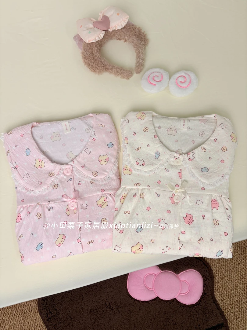 可爱睡衣女秋季新款娃娃领蕾丝蝴蝶结长袖长裤学生宿舍家居服套装