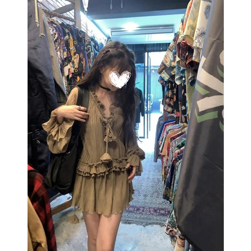 FRVXO枯木-ins设计师慵懒度假轻奢显白温柔卡其棕雪纺长袖连衣裙