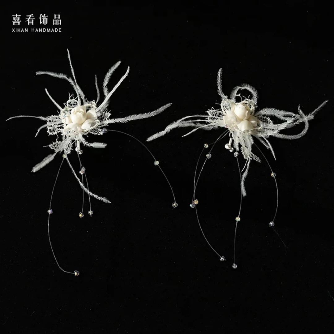 EH342喜看原创手作蕾丝花瓣羽毛耳夹新娘结婚森系婚纱礼服耳饰