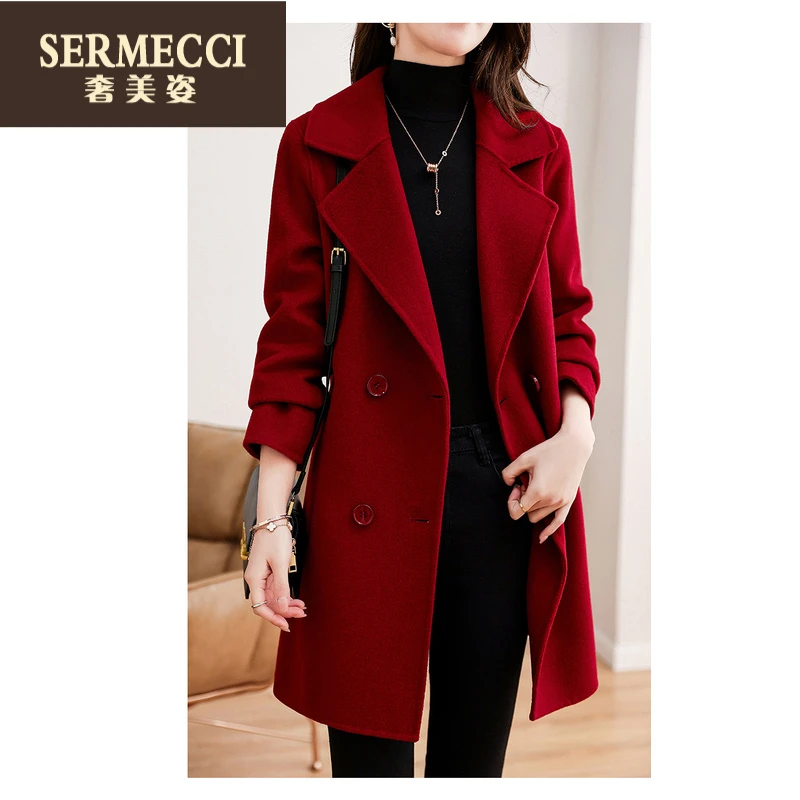 红色双面大衣2025新款秋冬中长款小个子显瘦毛呢大衣外套