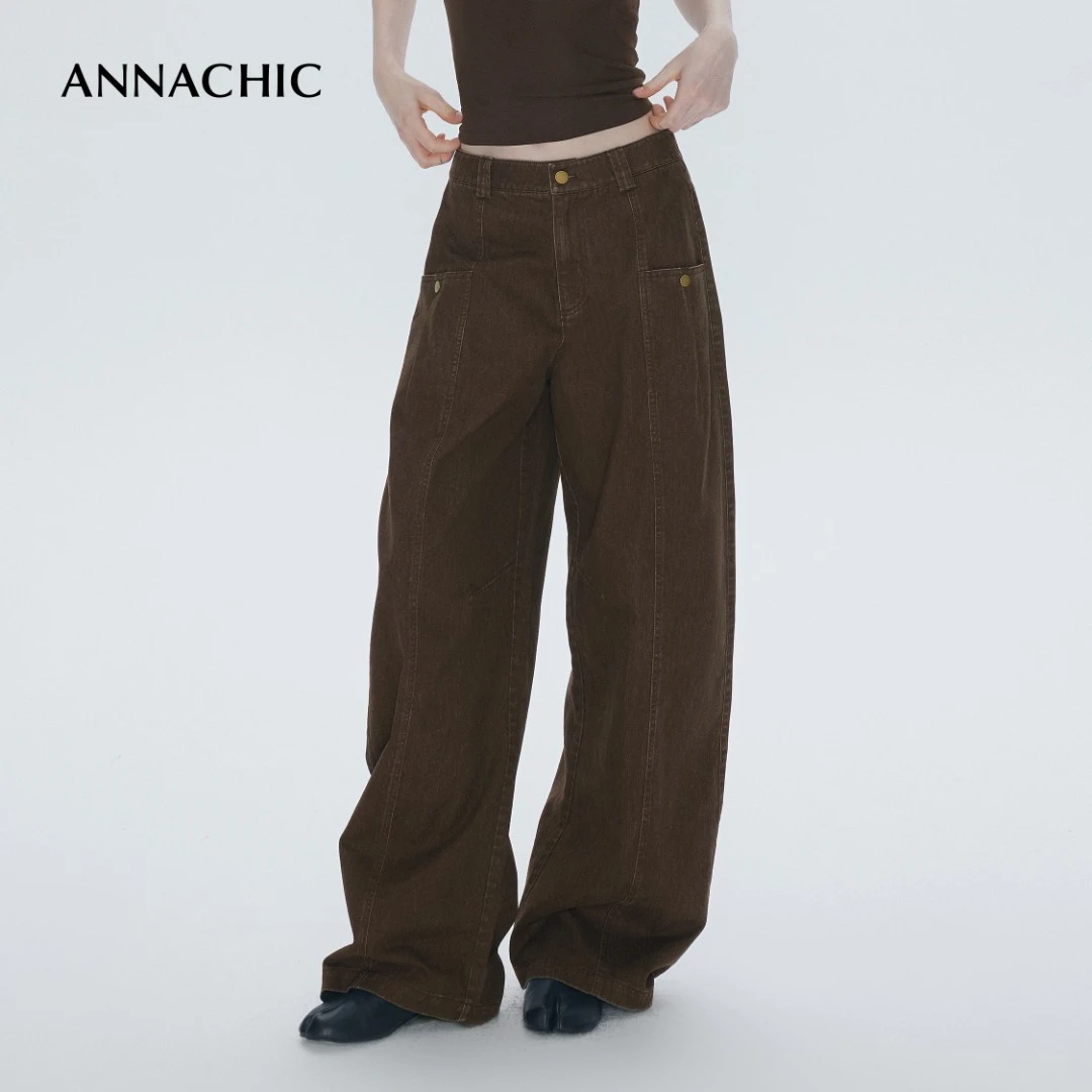 ANNACHIC时髦随性_口袋设计宽松阔腿牛仔裤/休闲工装镰刀裤香蕉裤