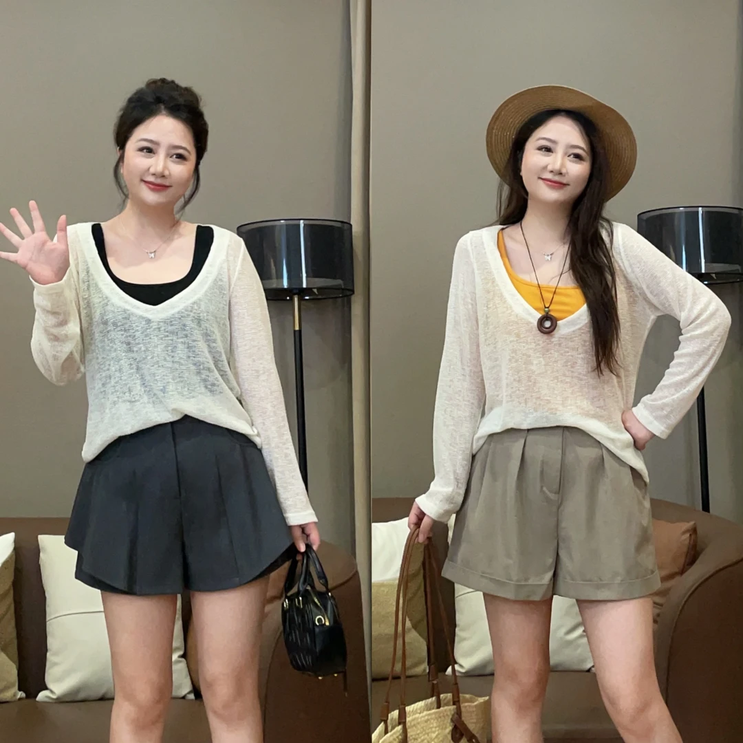 大萌萌【现货】时尚百搭长袖罩衫T恤背心微胖显瘦套装P225X13603