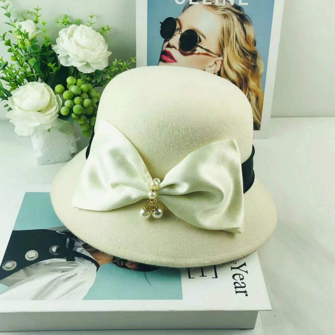 秋冬时尚法式奢华赫本风蝴蝶结羊毛盆帽礼帽