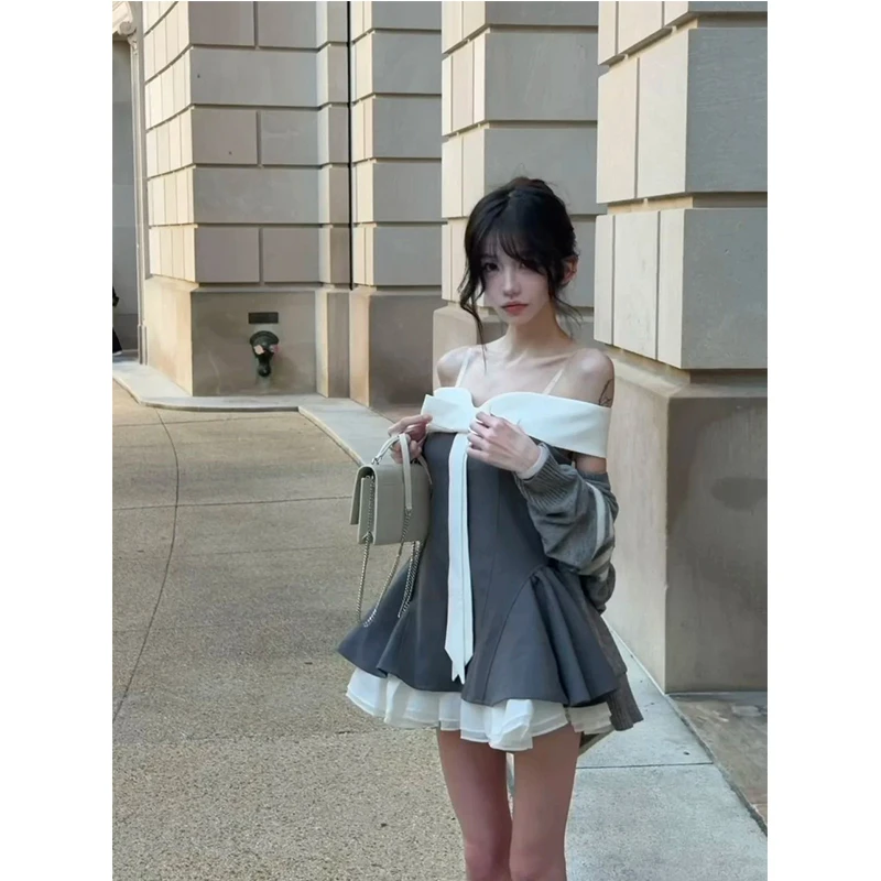 秋季新款格雷系蝶结设计感撞色拼接一字肩抹胸连衣裙短款蓬蓬裙女