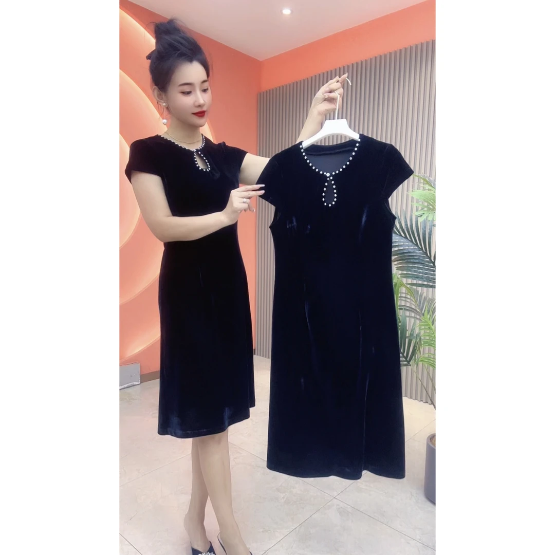 8191女士中长裙短袖连衣裙夏季气质冰丝绒旗袍裙