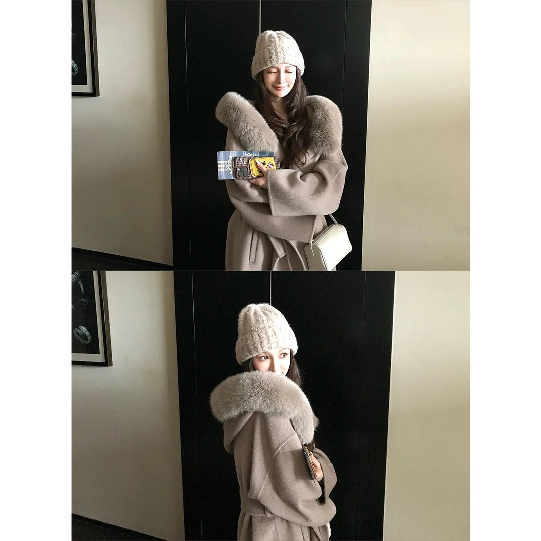 Skk Store '雪后初霁'高品羊毛+狐狸大毛领系带双面呢战袍大衣!