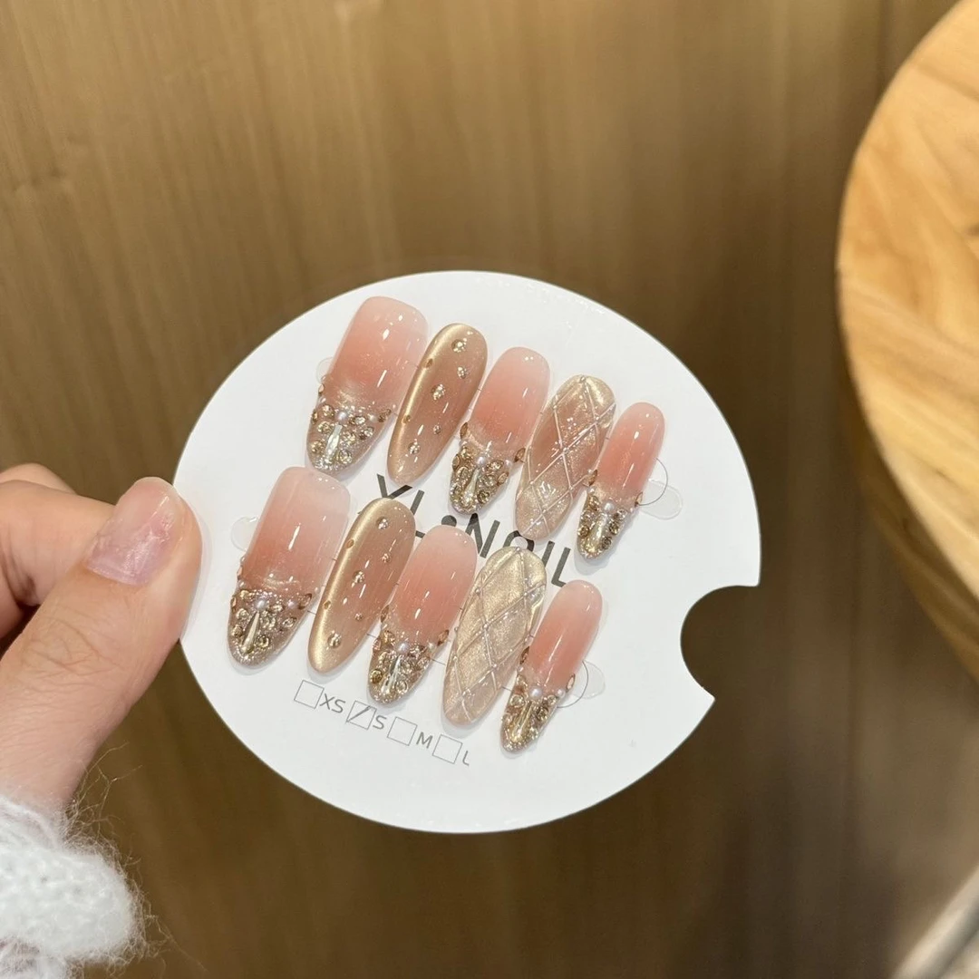 【金箔香奈】新款香槟金法式纯手工穿戴甲猫眼显白气质爆闪美甲贴片