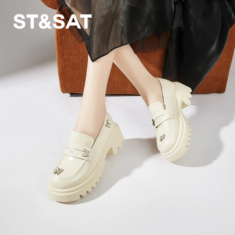 星期六水钻蝴蝶乐福鞋女士春秋厚底增高单鞋学院风懒人一脚蹬女鞋