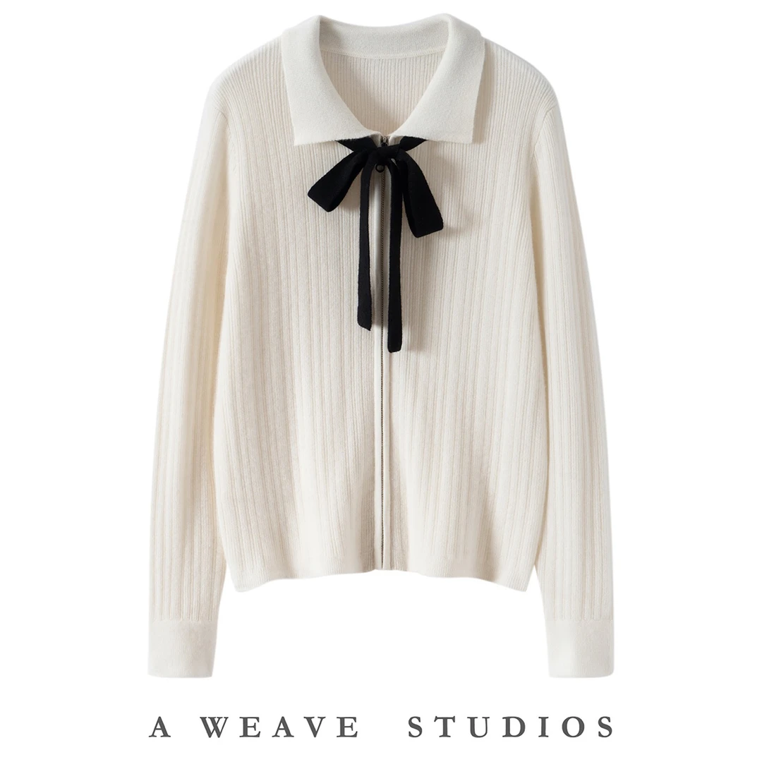 温柔又减龄！系带蝴蝶结山羊绒针织开衫女POLO领衬衣宽松外套5017