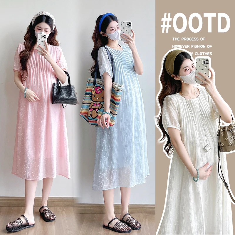 孕妇装2525夏季新款韩版休闲百搭褶皱裙子款裙子显瘦宽松大码孕装