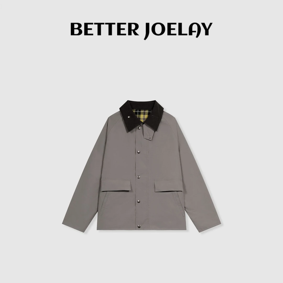 BETTER JOELAY -【等风停】高级感格纹拼接设计灰色百搭棉外套Z0567