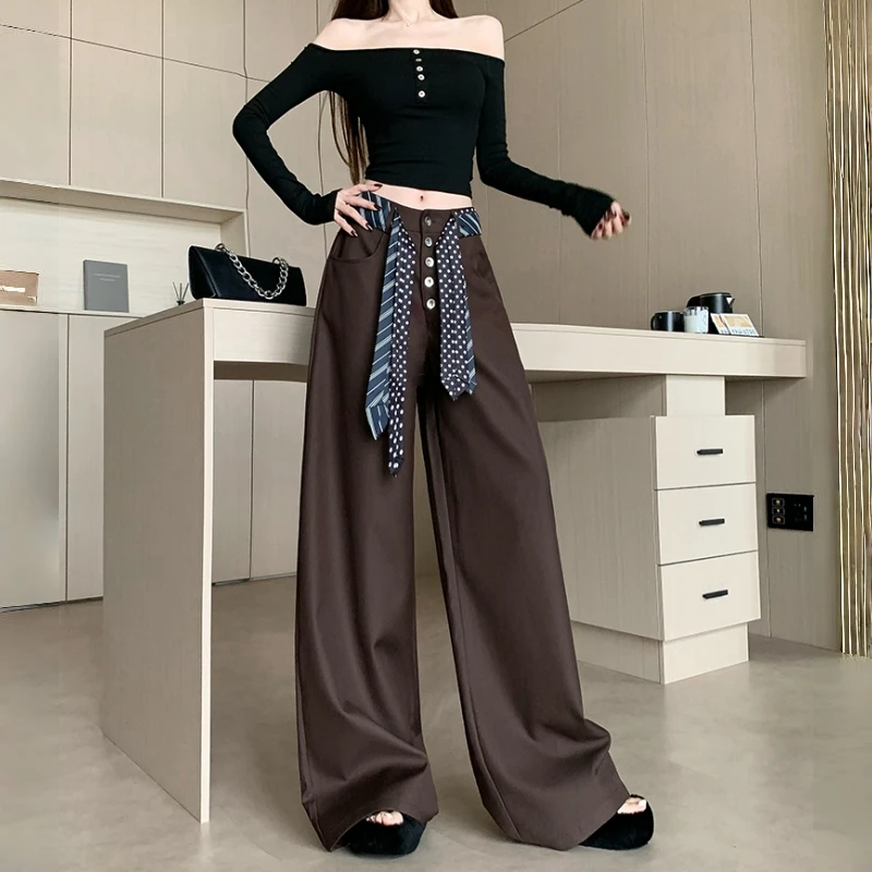美拉德咖色西装裤女秋季2025新款高级垂感宽松高腰阔腿拖地长裤子