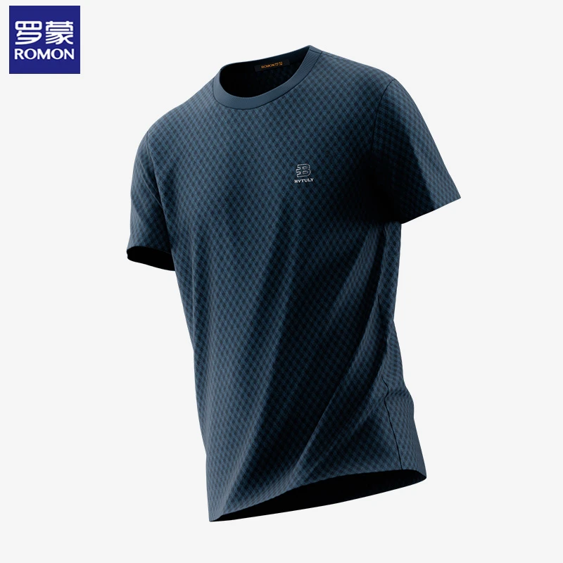 Romon/罗蒙【菱形格提花】夏季男士短袖T恤圆领宽松冰感半袖上衣