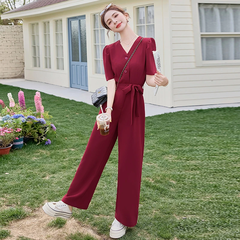 薄款韩版女神范阔腿连体裤夏装连体衣阔腿裤通勤风