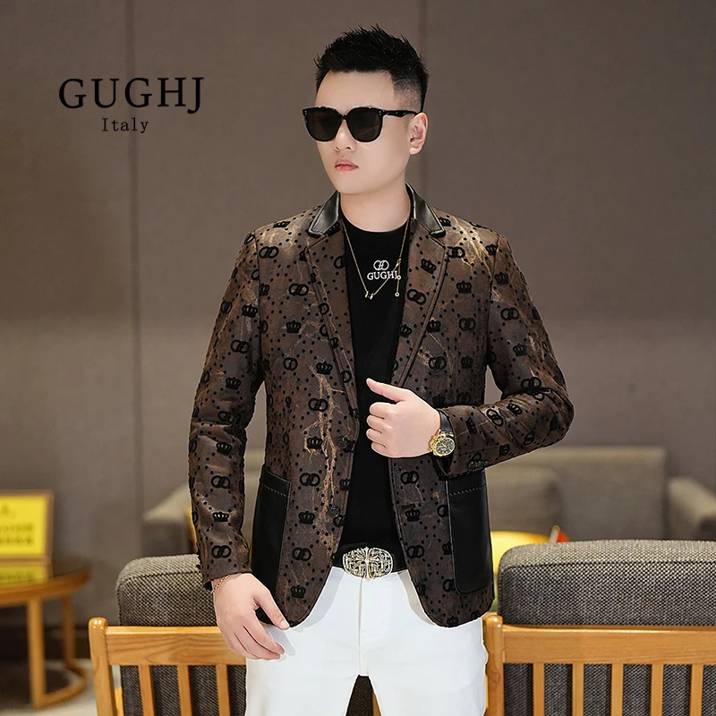 男士2025秋冬新款轻奢植绒雕花拼接绵羊皮潮流修身百搭平驳领西服