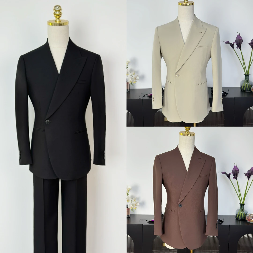 【西蒙曹】新款设计款不对称领双排两粒扣西装【单西服】
