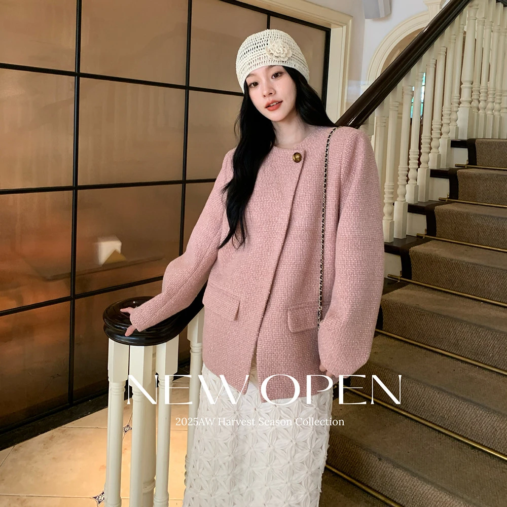 【清】NO退换ONEXH·2025冬季高级感小香风圆领羊毛外套大衣气质夹克