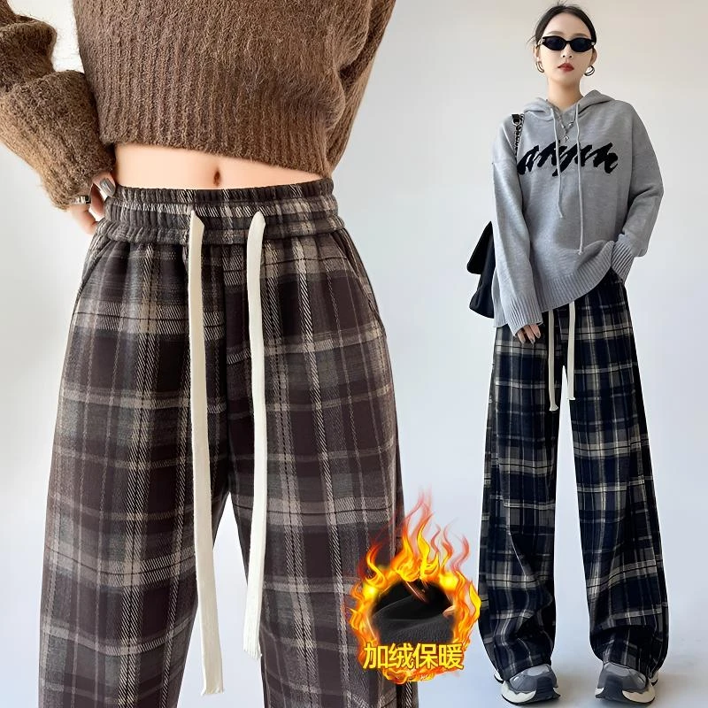毛呢格子直筒裤女春秋2025新款高腰慵懒风休闲冬季加绒窄版阔腿裤