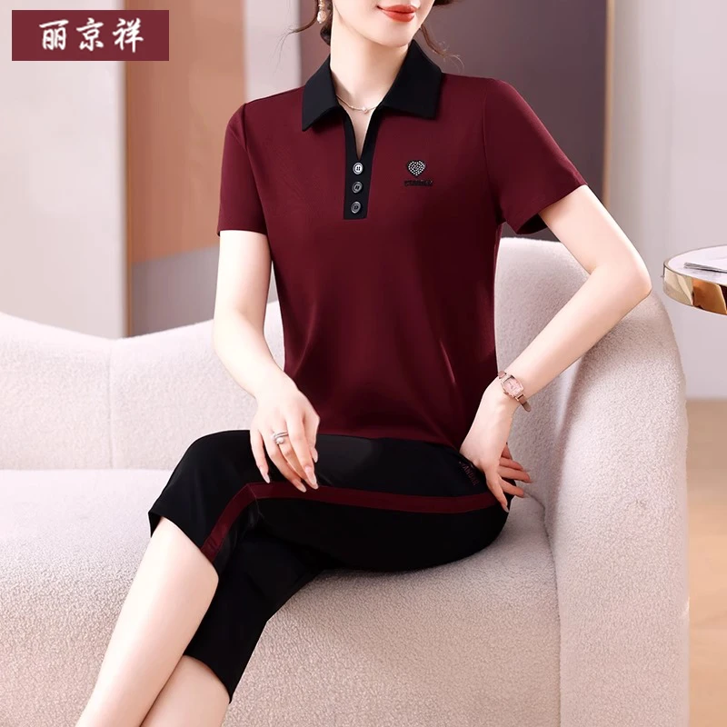 妈妈夏装polo衫运动套装2025新款中老年夏季女短袖t恤上衣两件套