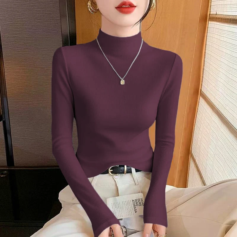 2025年秋冬半高领打底衫女内搭新款双面德绒加厚保暖修身长袖t恤