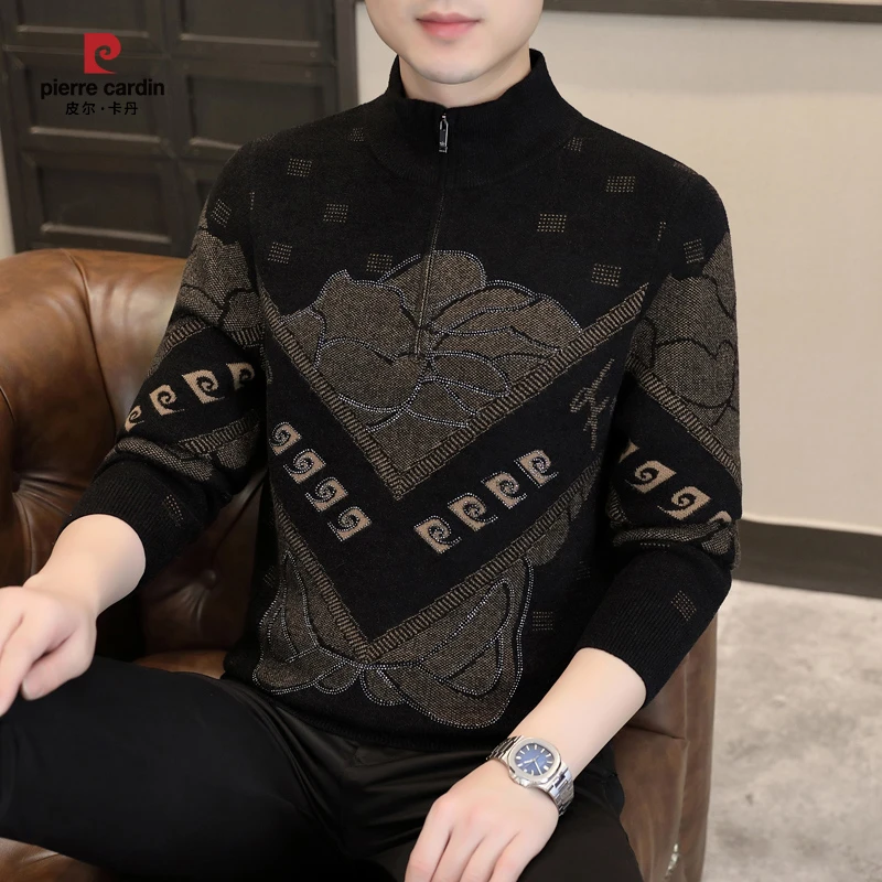 皮尔卡丹高品质欧货男士提花烫钻针织毛衣秋冬潮流半拉链长袖衫