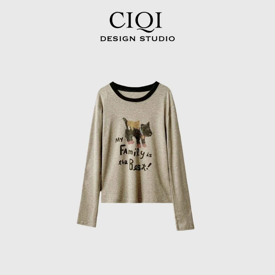 CIQI STUDIO【小熊狗】新款小狗天丝羊毛设计感印花长袖上衣L192518