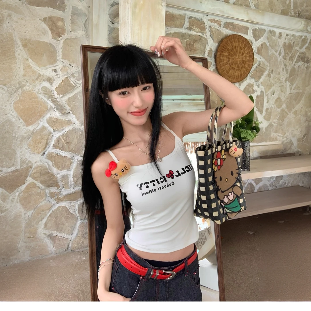 白色字母印花外搭kitty猫带胸垫吊带背心女夏季甜辣修身短款上衣