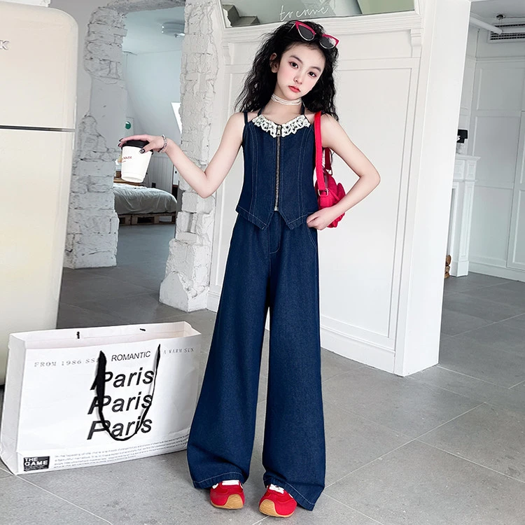 [麦哆哆」女童中大童夏季时髦拼接蕾丝牛仔吊带百搭阔腿直筒裤套装