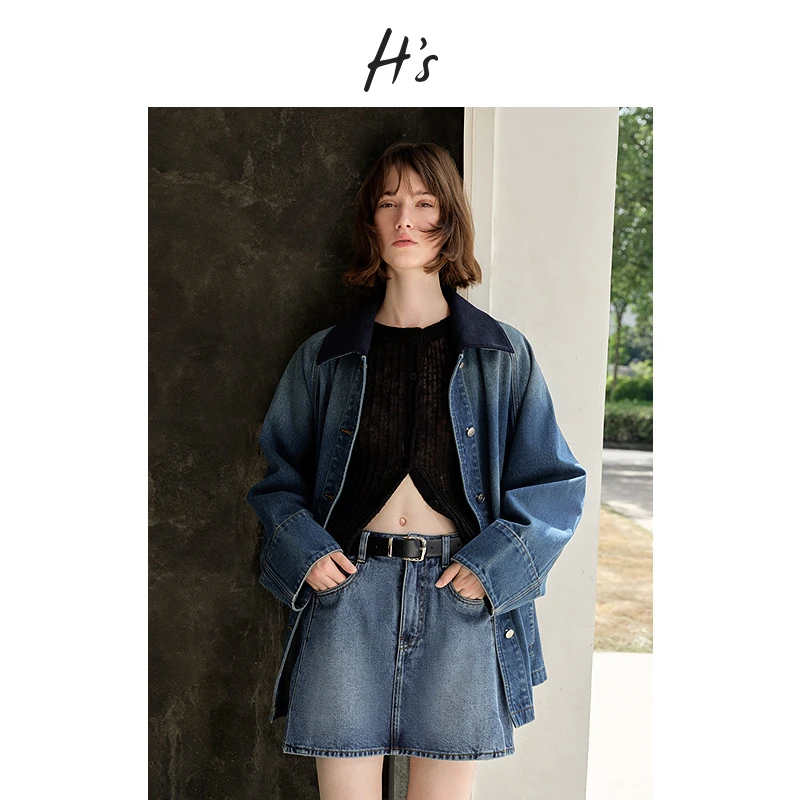 HS复古a字牛仔半裙2024新品女装高腰全棉美式甜酷显瘦短裙