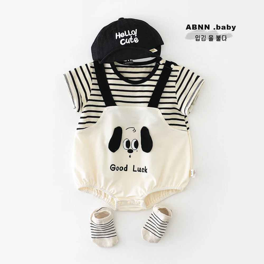 夏季新生儿宝宝条纹小狗哈衣爬服 婴幼儿韩版短袖圆领包屁衣52713