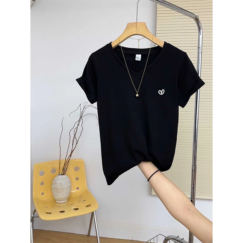 正肩V领短袖t恤女2025春夏季时尚百搭黑色设计感小众上衣打底衫潮
