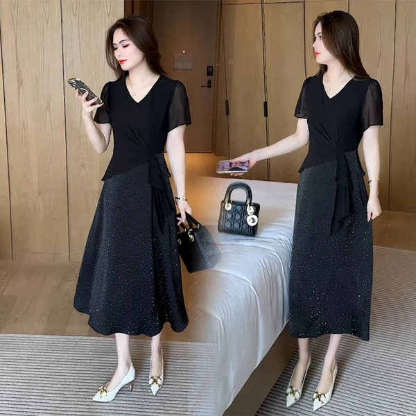 裙子女2025新款夏季轻奢小众女装气质收腰显瘦烫钻连衣裙 22038