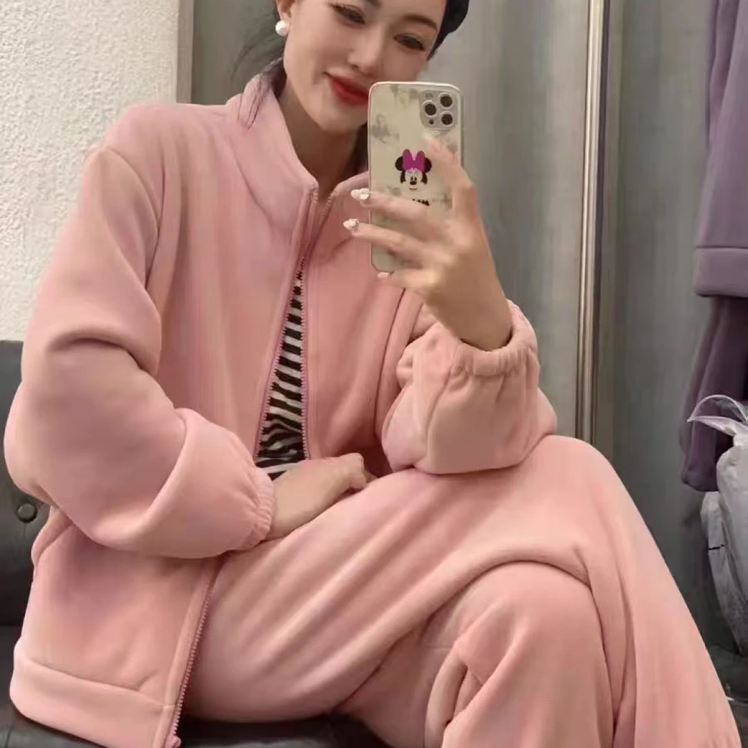 秋冬新款加绒加厚可外穿海豚绒大口袋男女家居服套装