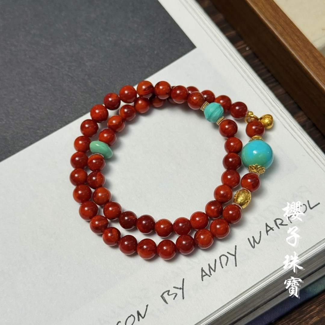 樱子 | 因遥 18K金原矿牛血南红松松时尚设计双圈手串*YZNHS3760