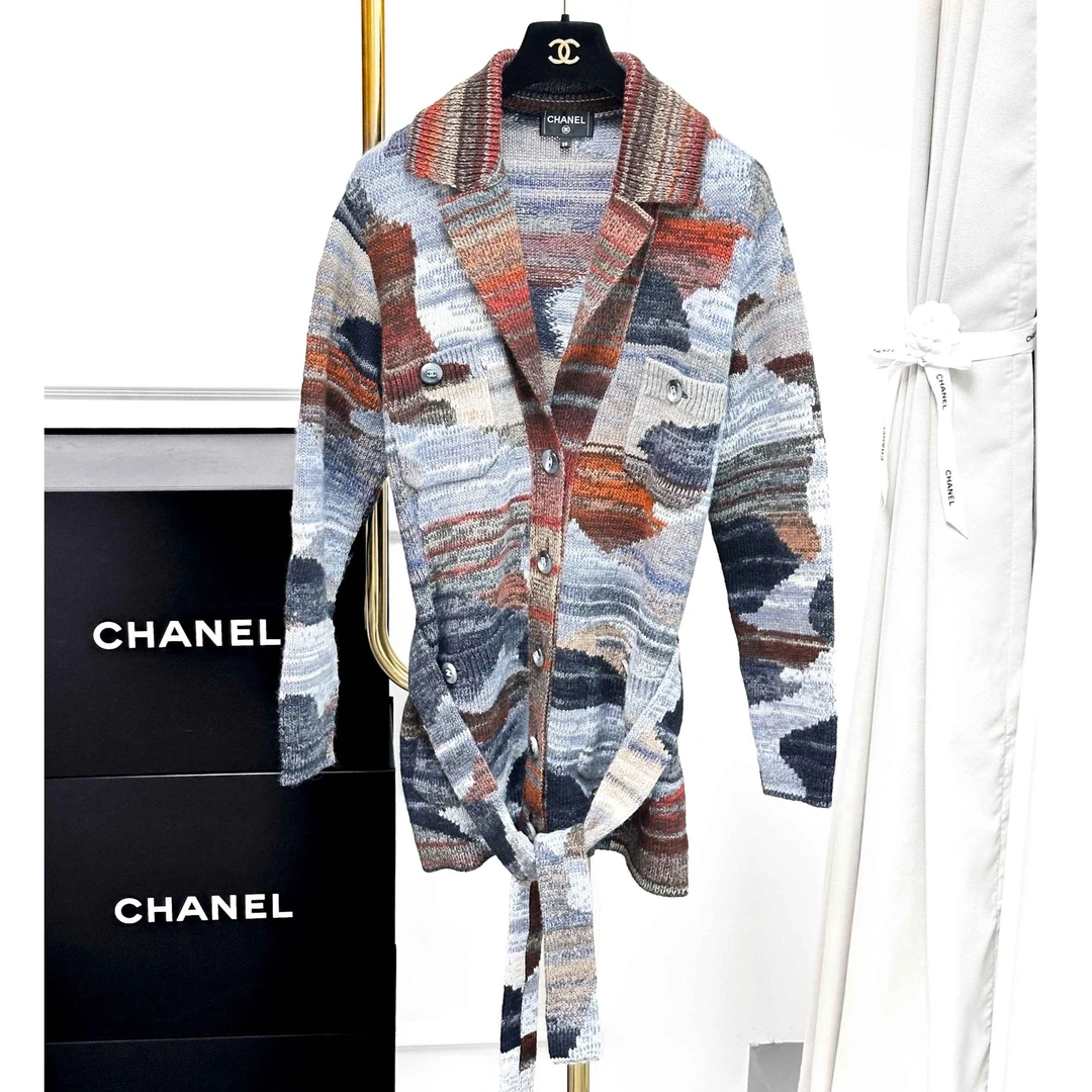 99新 Chanel/香奈儿  38码24A棕色混色迷彩图案腰带款长袖开衫