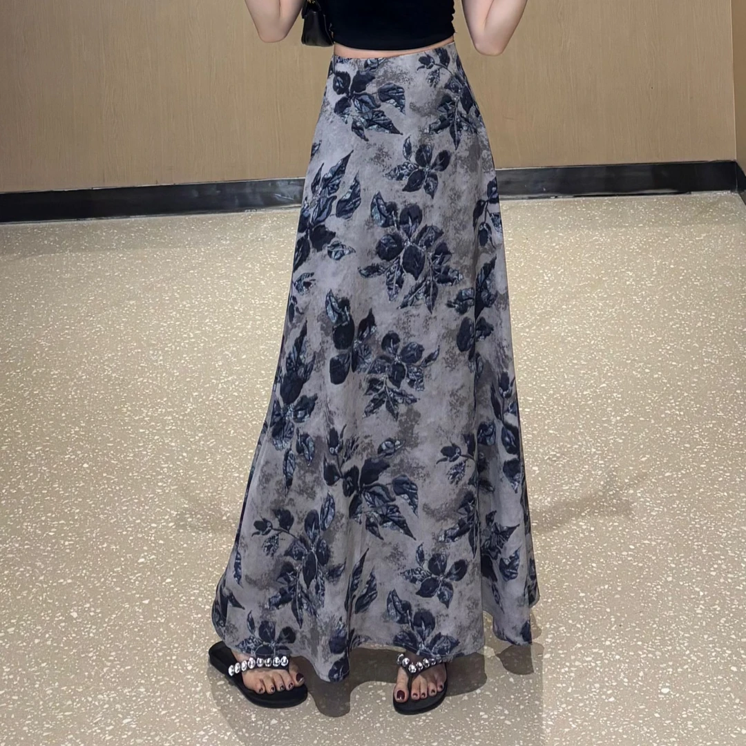 【CC】夏季新款复古气质百搭显瘦高腰A字半身长裙