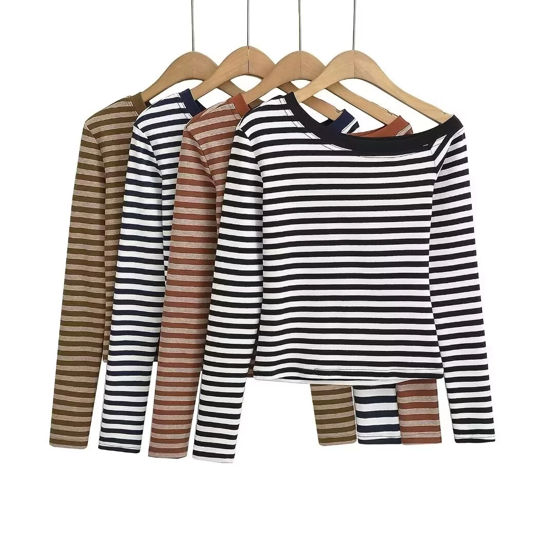 Y1915条条纹一字肩上衣斜肩长袖T恤女士