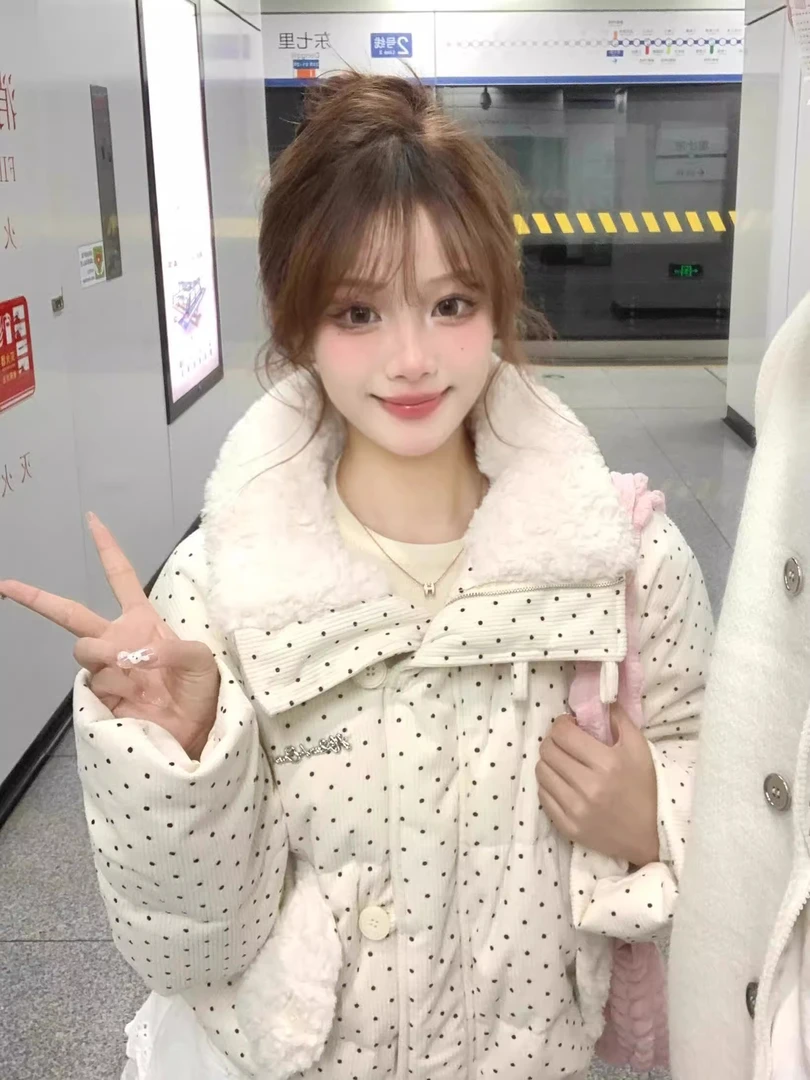 韩系加厚毛领短款波点毛领羽绒棉服女2025冬季新款小个子棉衣外套