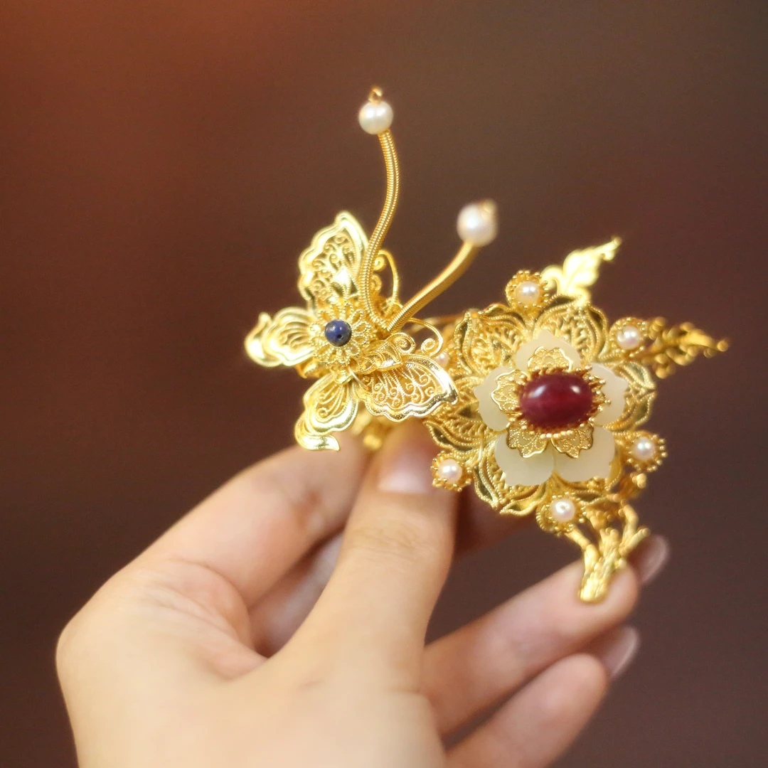 华翊堂古典镀真金嵌珠玉花蝶钗仙气古风手工头饰发饰发簪发簪子